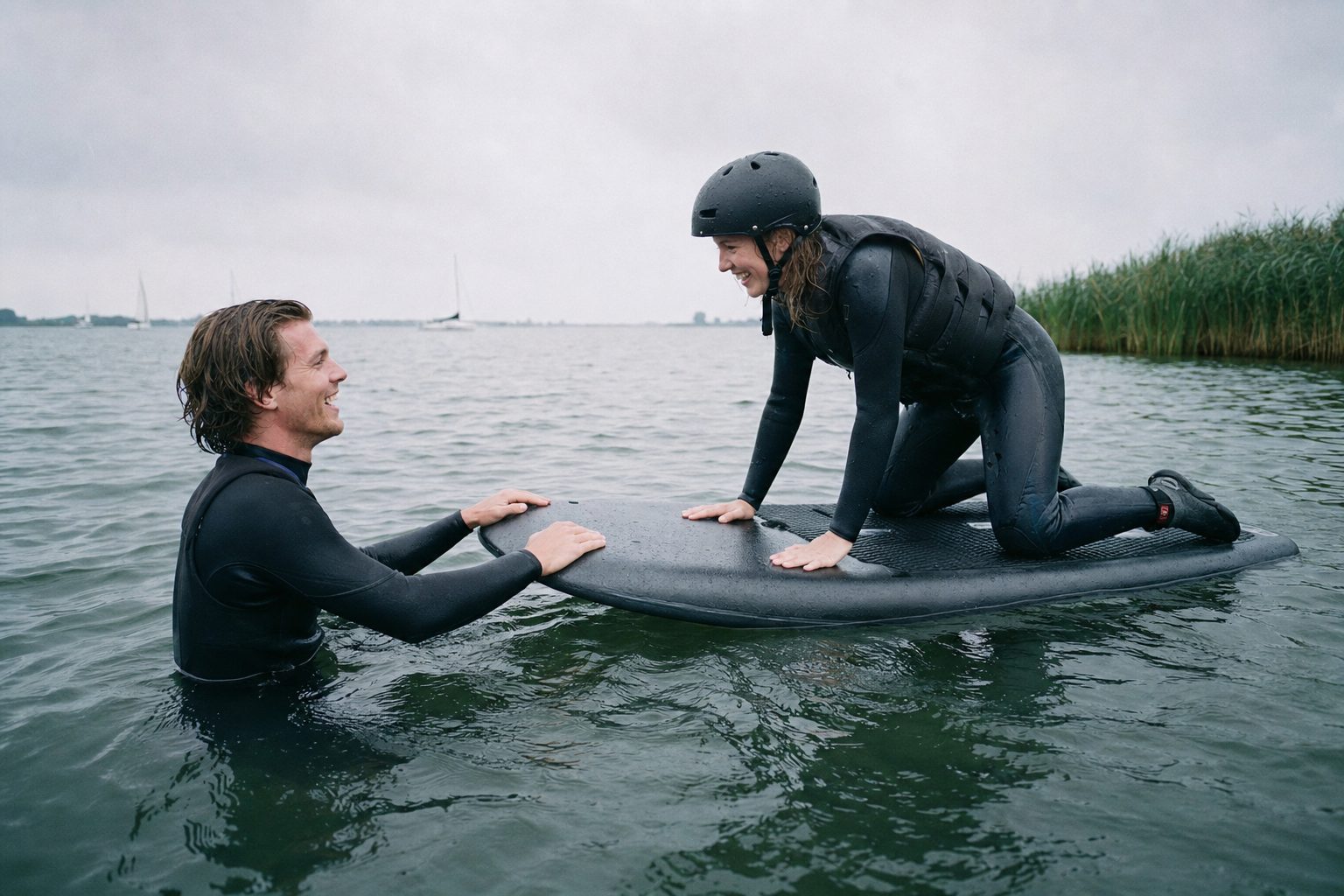 Instructeur staat in het water en houdt het board vast terwijl een beginner met helm en vest op haar knieën zit