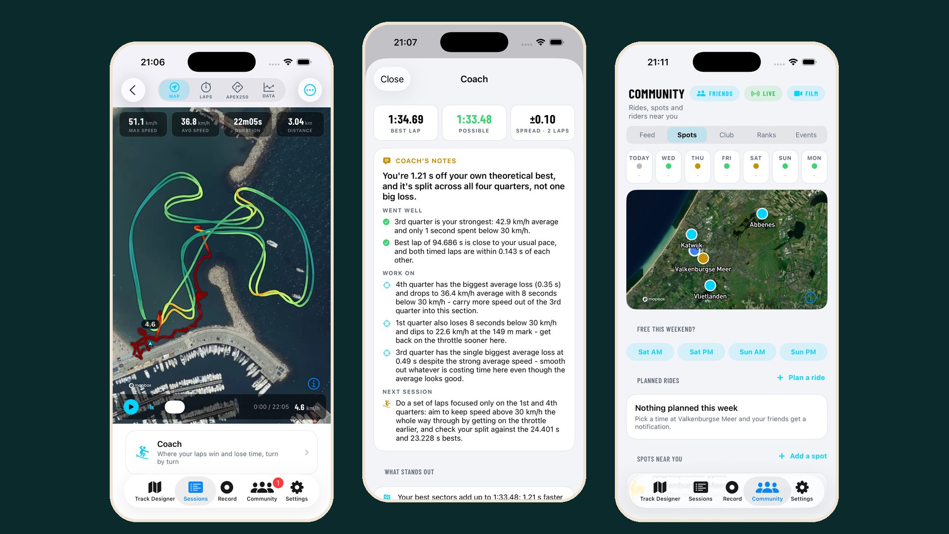 Three screens of the eFoil Racing app: a ride on the map with speeds, the Coach with tips per lap, and spots in the community